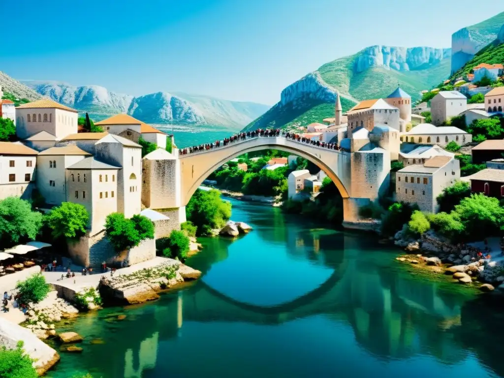 Imponente puente otomano, Stari Most, reflejado en el río Neretva, destacando la historia y cultura del Islam en los Balcanes