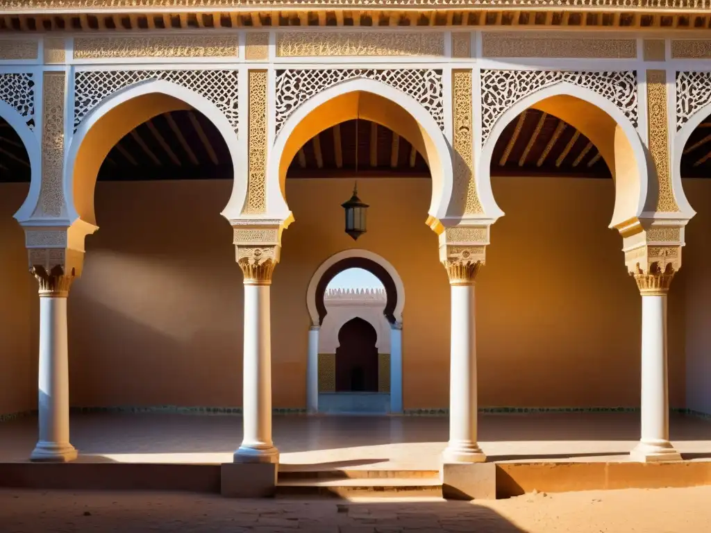 Imponente ruina de la Gran Mezquita de Tlemcen, con detalles arquitectónicos y juego de luces y sombras