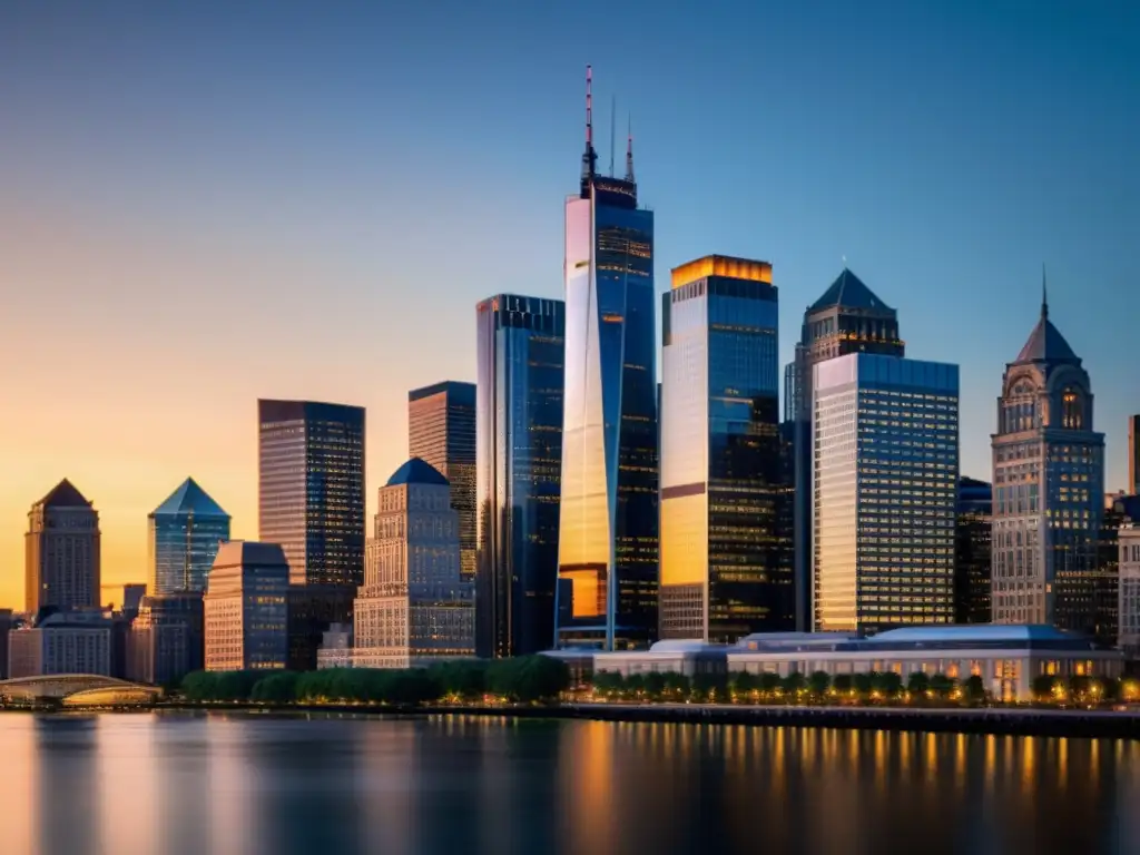 El imponente skyline financiero moderno al atardecer, con rascacielos iluminados por el sol