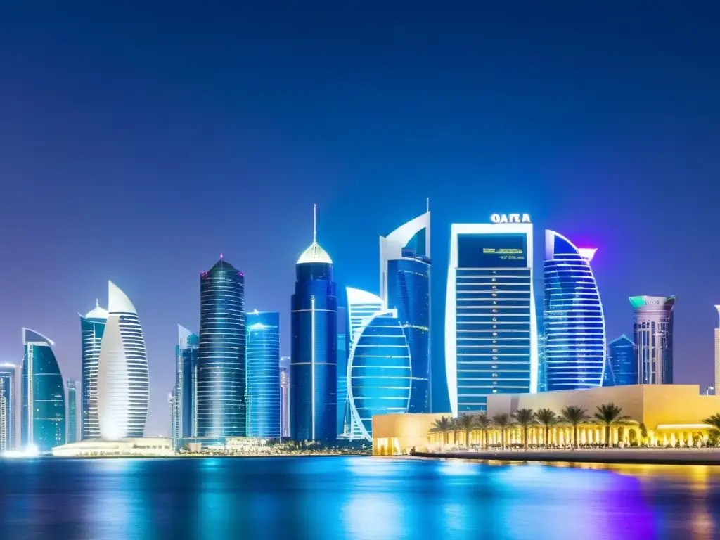 Imponente skyline nocturno de Doha, Qatar, con rascacielos y la sede de la Banca Islámica de Qatar