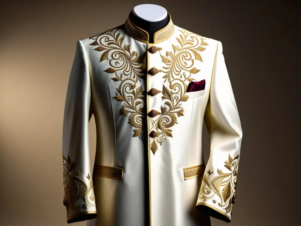 Thobe islámico: sofisticación y artesanía Imponente traje masculino islámico Halal con bordados detallados y elegancia cultural en alta resolución