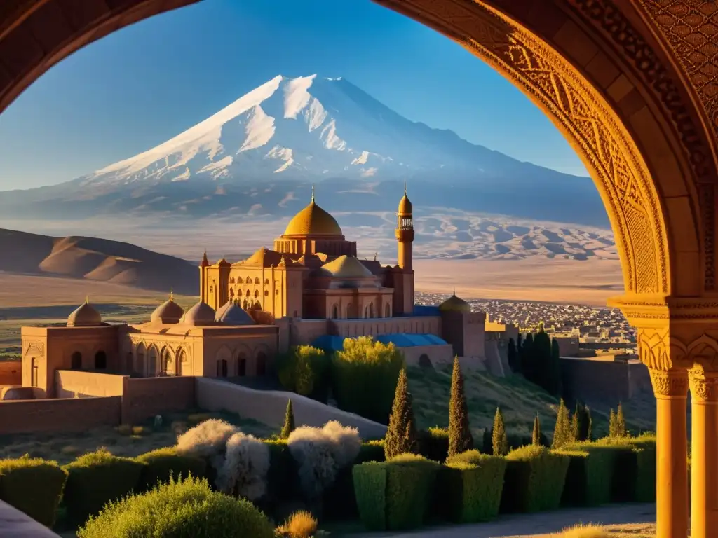 Imponente vista del Palacio Ishak Pasha, fusión cultural de arquitectura turca, persa y armenia, enmarcado por el majestuoso Monte Ararat