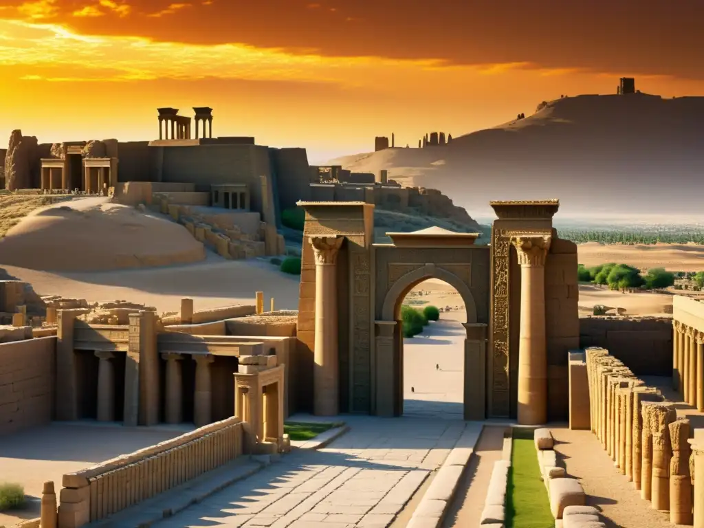 Imponentes ruinas de la Puerta de Todas las Naciones en Persepolis, con la caída de Persia ante avance islámico reflejada en el atardecer vibrante