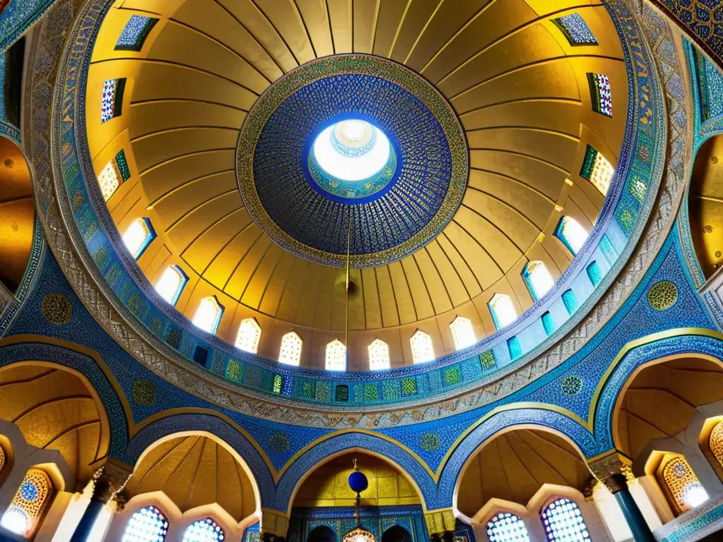 Impresionante arquitectura islámica de la cúpula de la Roca en Jerusalén, con intrincados patrones geométricos y luz cálida filtrada