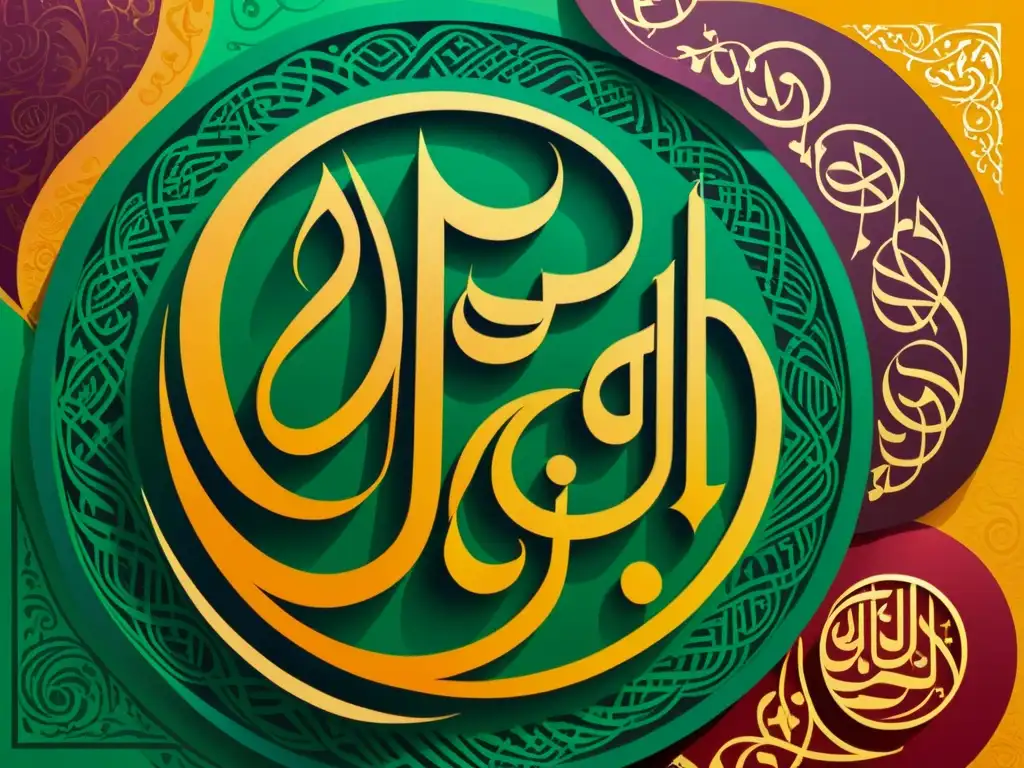 Una impresionante caligrafía árabe con colores vibrantes y detalles intrincados, evocando una sensación de tradición y arte