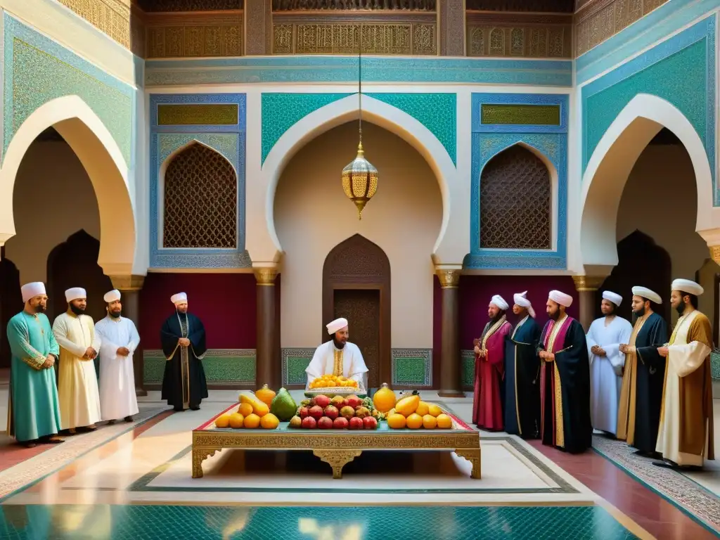 Una impresionante escena histórica de negociación diplomática islámica en un palacio decorado con exquisitos detalles