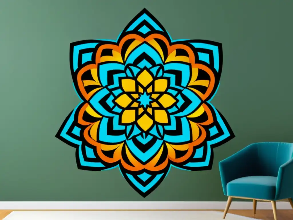 Una impresionante representación fotográfica de un gran calcomanía de pared con intrincada geometría islámica para decoración hogar en colores ricos y vibrantes