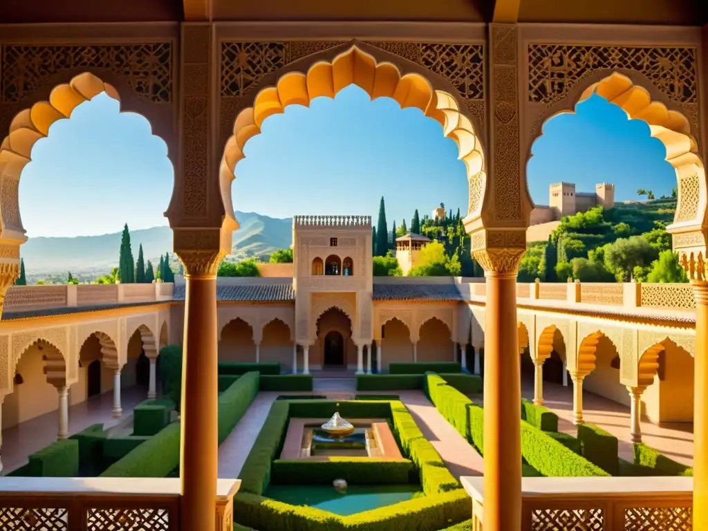 Una impresionante representación fotorealista de la Alhambra con patrones geométricos islámicos, enmarcada por el paisaje español