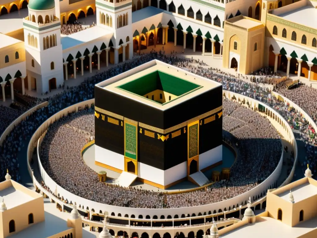 Mezquita de La Meca: Esplendor Cultural y Religioso Una impresionante representación fotorealista de la antigua ciudad de La Meca, con la palabra clave 'estrategias expansión Islam siglo VII'