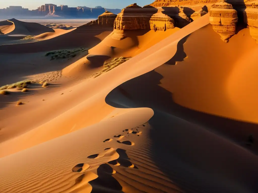 Impresionante representación fotorealista del desierto árabe antiguo al atardecer, con elementos preislámicos en la práctica