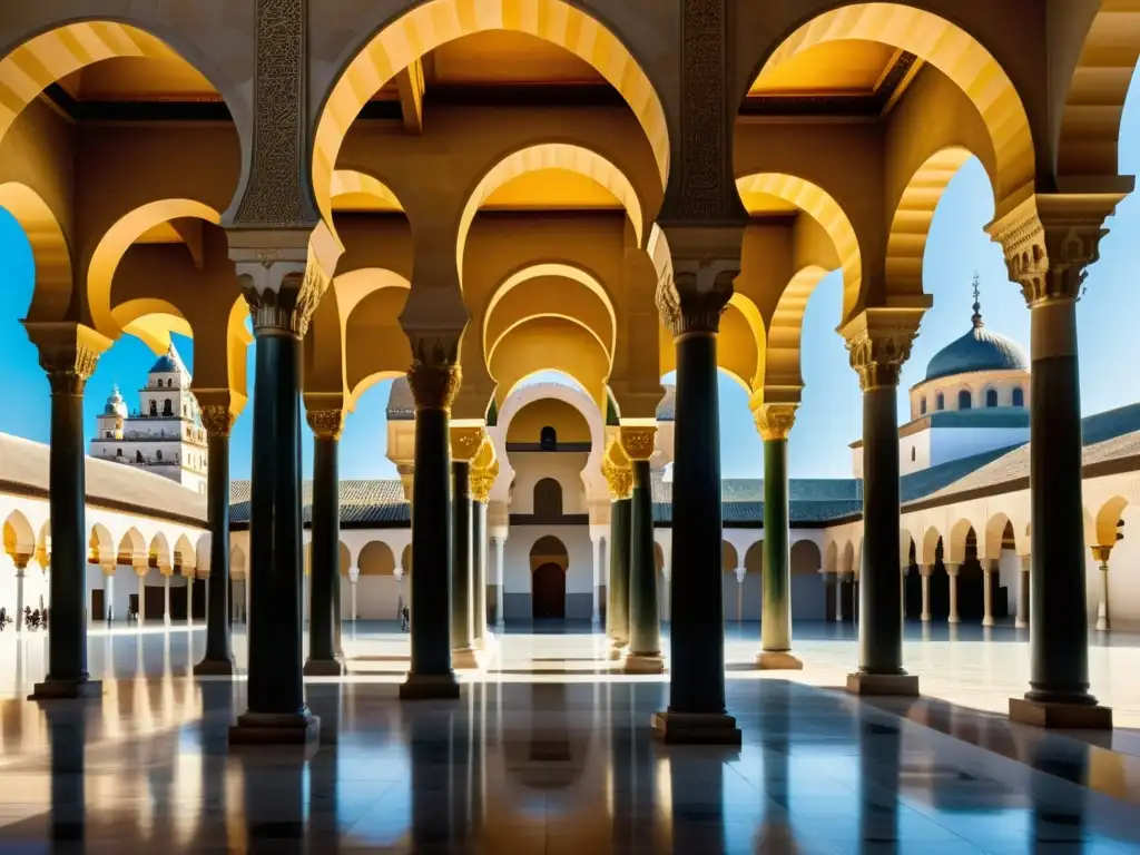 Una impresionante representación fotorrealista de la Gran Mezquita de Córdoba, capturando los arcos intrincados, las columnas ornamentadas y el juego de luces y sombras en el espacio sagrado