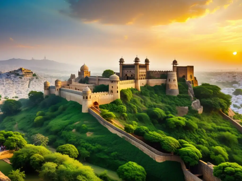 Una impresionante representación fotorrealista del majestuoso Fuerte Golconda en Hyderabad, India, se destaca contra un vibrante atardecer