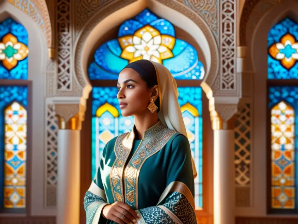 Una impresionante ilustración fotorrealista de una mujer musulmana en atuendo histórico en una majestuosa mezquita