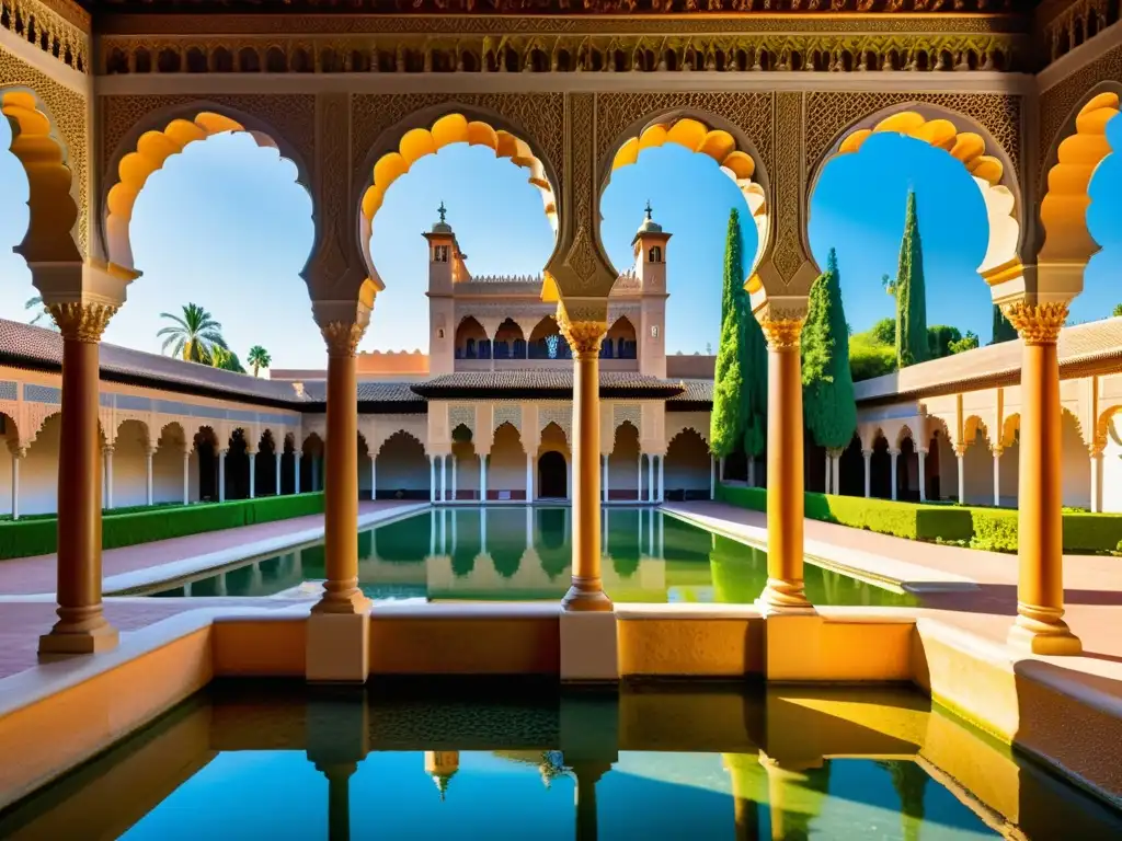 Una impresionante representación fotorrealista de El Alcázar de los Reyes Cristianos, con sus jardines exuberantes y piscinas reflectantes