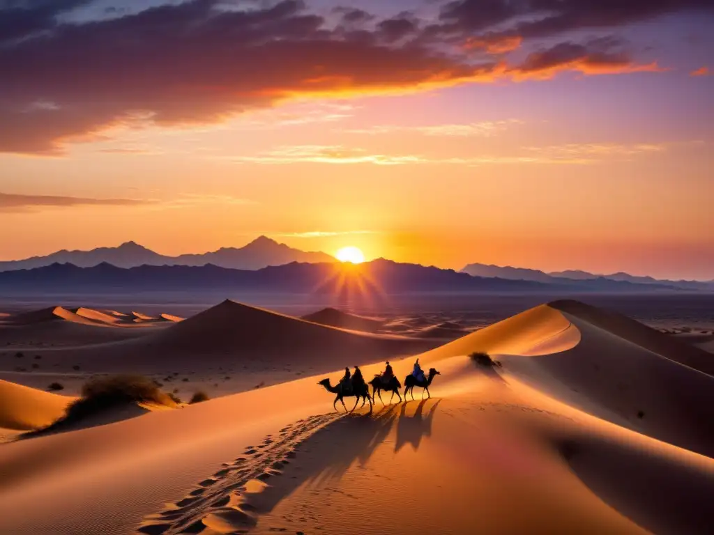 Una impresionante representación fotorrealista del significado histórico de la Hégira, con viajeros atravesando un vasto desierto al atardecer