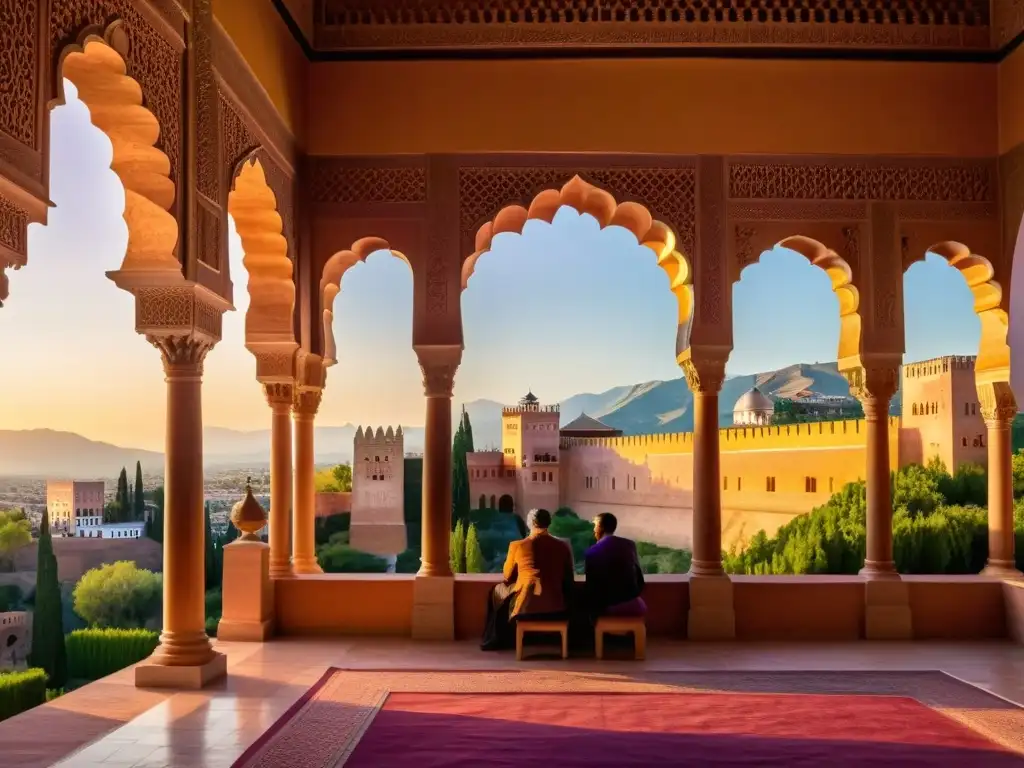 Una impresionante imagen de la Alhambra al atardecer, con una luz dorada cálida y poetas compartiendo testimonios poéticos en primer plano