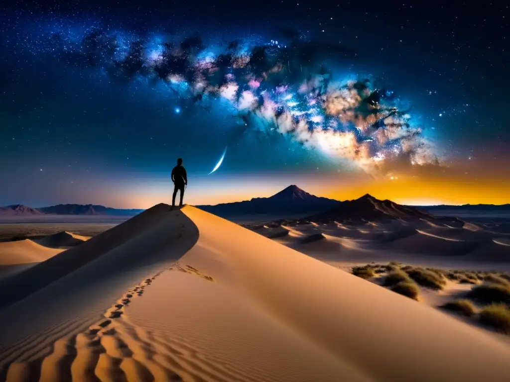 Una impresionante imagen del desierto nocturno con la Vía Láctea en el horizonte