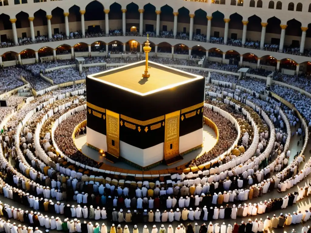 Una impresionante imagen de la Experiencia de peregrinación Hajj en el mundo islámico, capturando la vasta multitud de fieles alrededor de la Kaaba en La Meca, con detalles arquitectónicos y una atmósfera serena y asombrosa