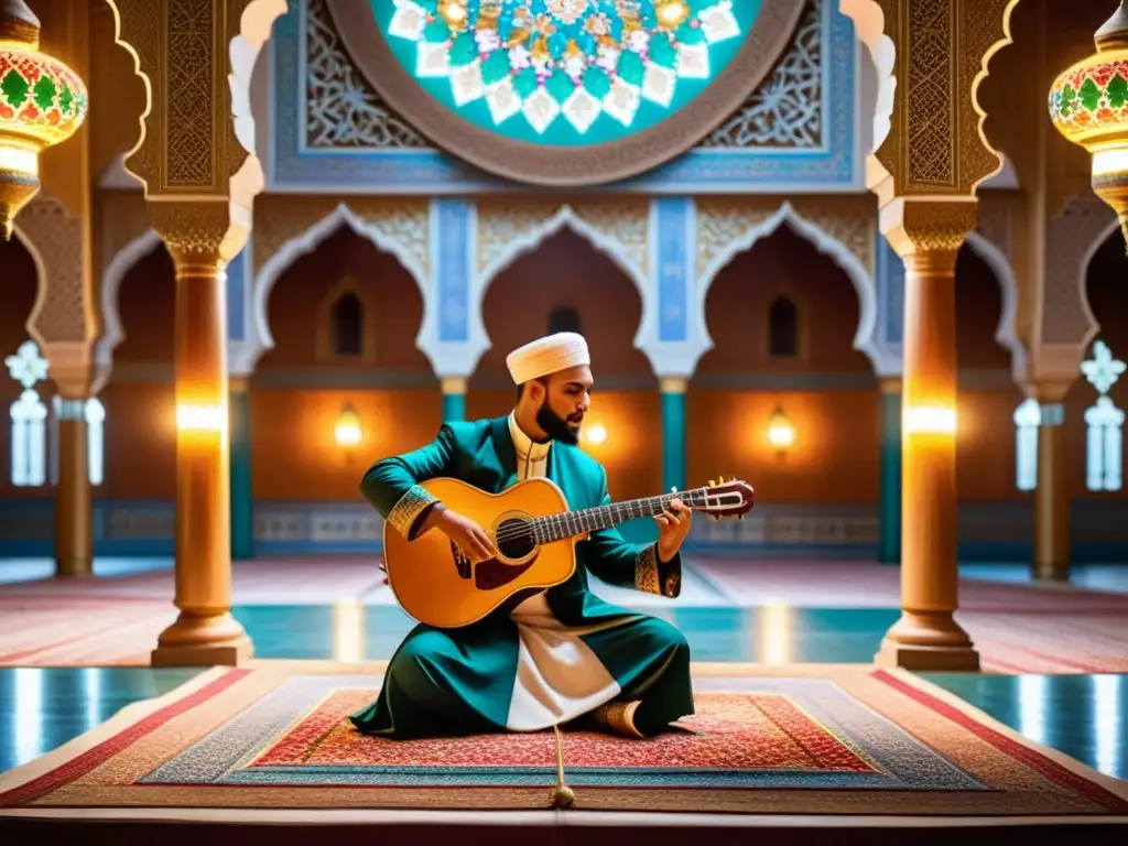 Una impresionante imagen fotorealista de una actuación musical islámica tradicional que tiene lugar en una hermosa mezquita ornamentada