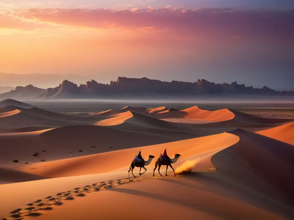 Una impresionante imagen fotorealista del desierto árabe al atardecer, con el sol dorado proyectando largas sombras sobre las dunas de arena