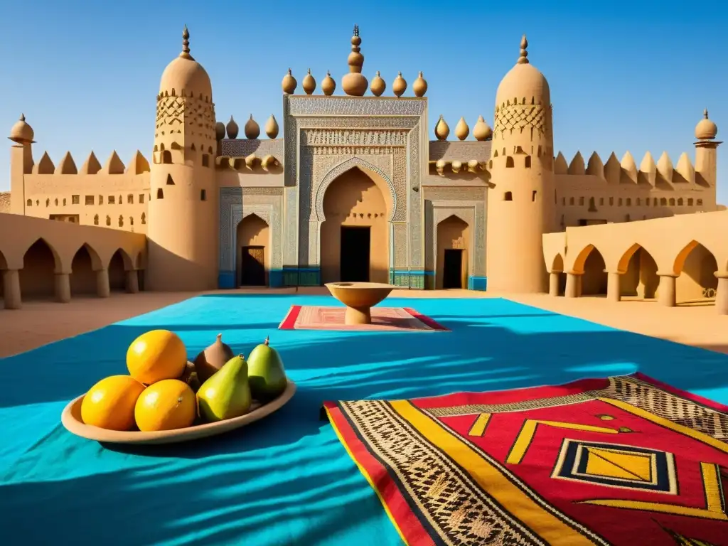 Una impresionante imagen fotorealista de la Gran Mezquita de Djenné en Mali, con sus intrincadas paredes de adobe y altos minaretes contra un cielo azul claro