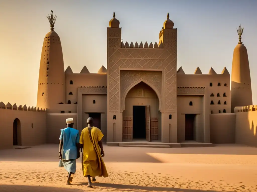 Una impresionante imagen fotorealista de la Gran Mezquita de Djenne en Mali, con su majestuosidad islámica resaltando en el cálido y dorado sol