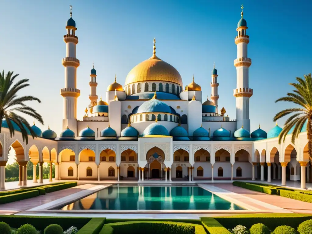 Una impresionante imagen fotorealista de una histórica mezquita, con patrones geométricos, minaretes imponentes y una cúpula central