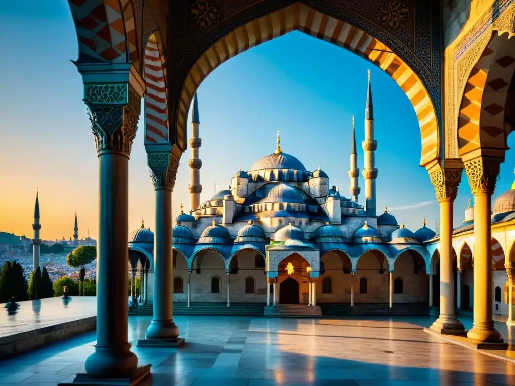 Una impresionante imagen fotorealista de la histórica Mezquita Azul en Estambul, Turquía, bañada por un vibrante atardecer