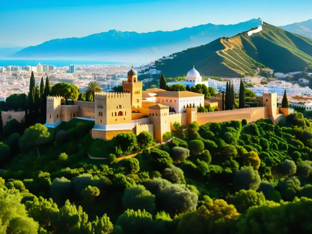 Una impresionante imagen fotorealista de la Alcazaba de Málaga, una histórica fortaleza musulmana con una hermosa mezquita en su centro, bañada por cálida luz solar