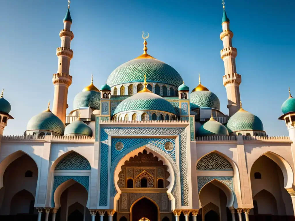 Una impresionante imagen fotorealista de una mezquita con intrincados diseños y significados ocultos, exudando serenidad y grandeza cultural