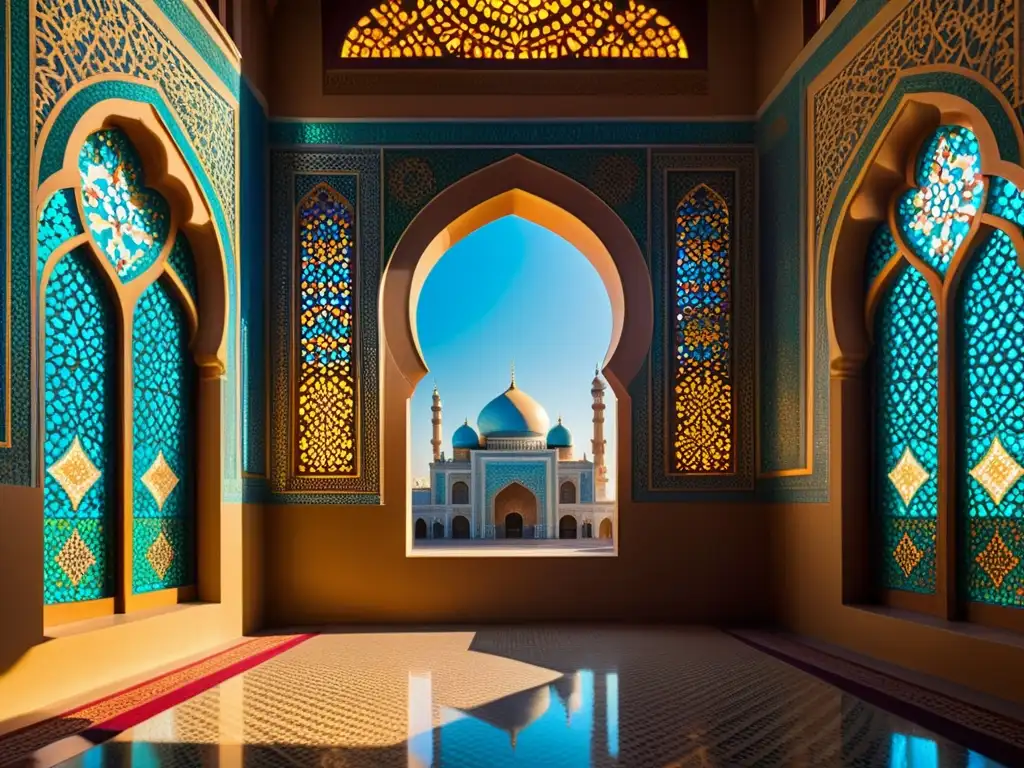 Una impresionante imagen fotorealista de una mezquita adornada con mosaicos, mostrando la esencia espiritual y la maestría artística del arte islámico