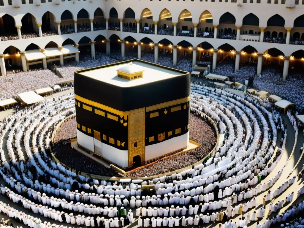 Una impresionante imagen fotorealista de miles de peregrinos vestidos con túnicas blancas ihram, circulando alrededor de la Kaaba en La Meca durante la peregrinación del Hajj