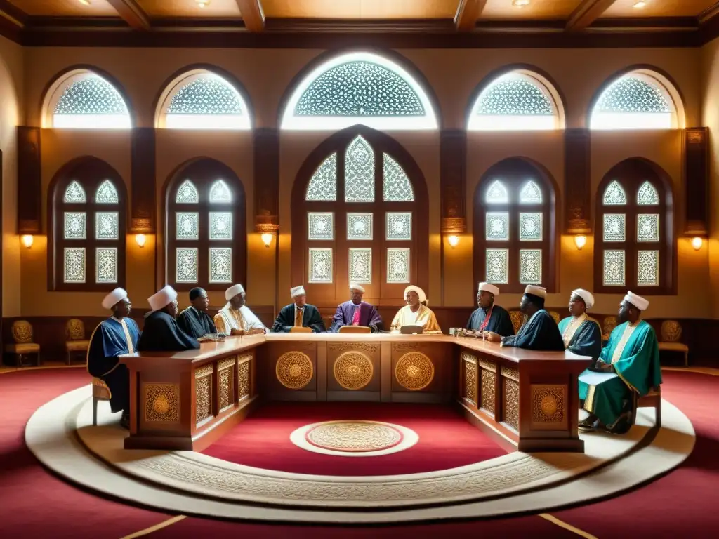 Una impresionante imagen fotorealista de una sala de tribunal africana tradicional, llena de figuras distinguidas en atuendos islámicos, discutiendo y deliberando