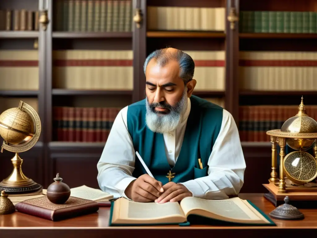 Una impresionante imagen fotorrealista muestra a AlBiruni inmerso en su legado científico, rodeado de manuscritos antiguos y herramientas científicas