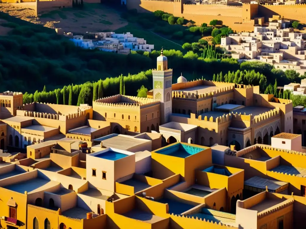 Una impresionante imagen fotorrealista de la antigua ciudad de Fez en Marruecos, con sus intrincados detalles, bulliciosos zocos y arquitectura histórica que reflejan la expansión islámica y la rica cultura histórica del Magreb