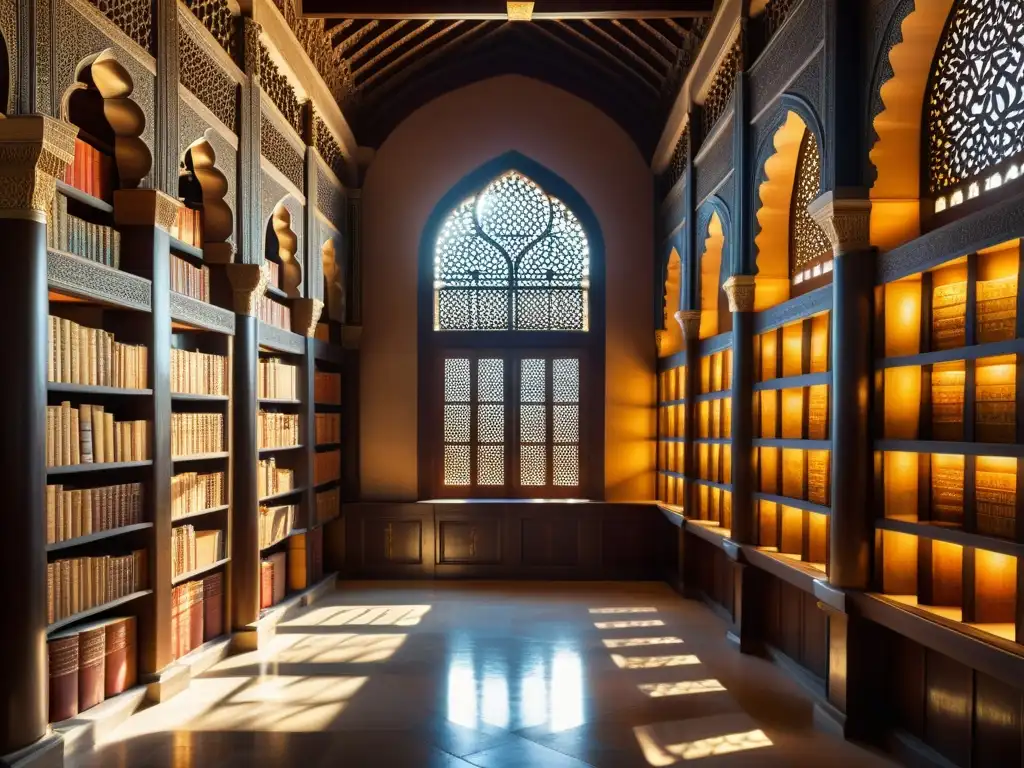 Una impresionante imagen fotorrealista de una antigua biblioteca islámica en Asia, con detalles arquitectónicos intrincados y estudiosos inmersos en el estudio, reflejando la atmósfera académica de los aportes científicos musulmanes en Asia