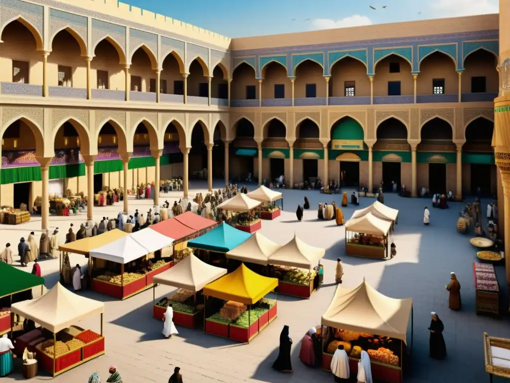 Mercado bullicioso en la antigua Bagdad: vida cotidiana islámica Una impresionante imagen fotorrealista de un bullicioso mercado en la antigua Bagdad, resaltando las contribuciones históricas de mujeres en el Islam