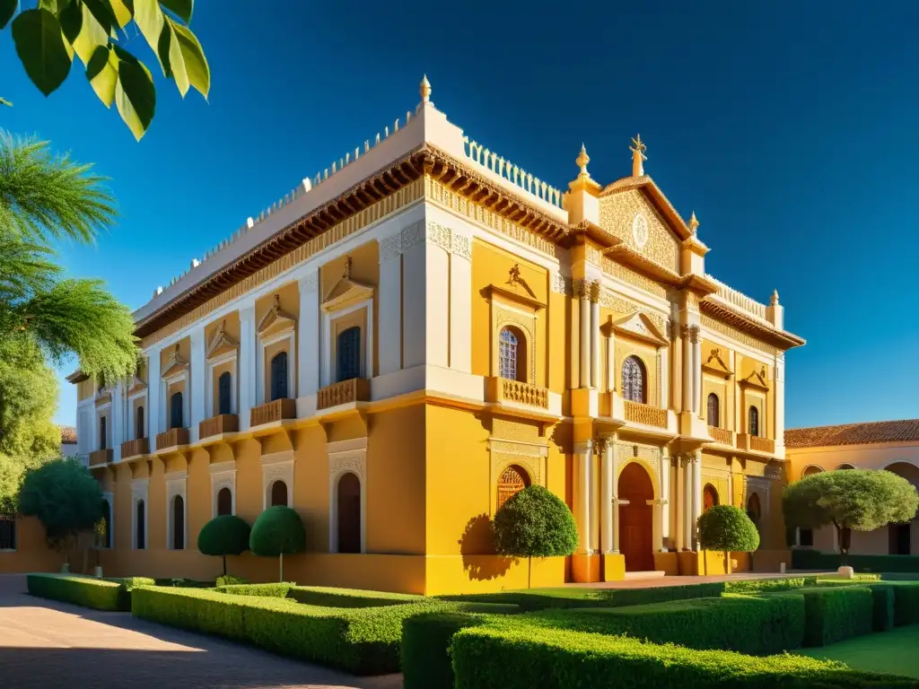 Una impresionante imagen fotorrealista de la Academia de Córdoba, con detalles arquitectónicos intrincados, rodeada de exuberante vegetación, bajo un cielo azul claro