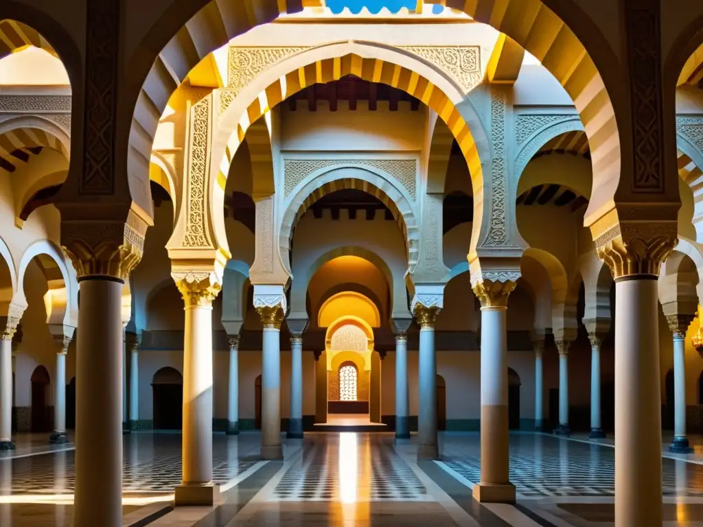 Una impresionante imagen fotorrealista de la Gran Mezquita de Córdoba en Al-Ándalus durante la época del Califato Omeya, mostrando sus intrincados arcos de herradura, columnas ornamentadas y el fascinante juego de luces y sombras en la amplia sala de oración