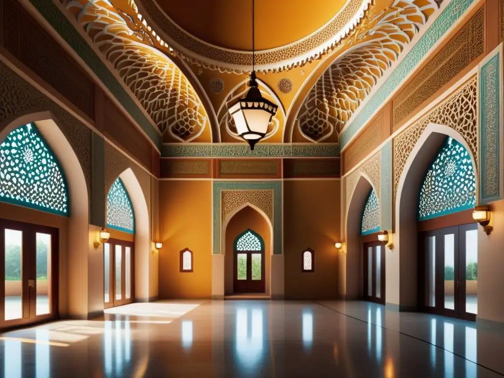 Una impresionante imagen fotorrealista del interior de una mezquita moderna, destacando la intrincada ornamentación contemporánea