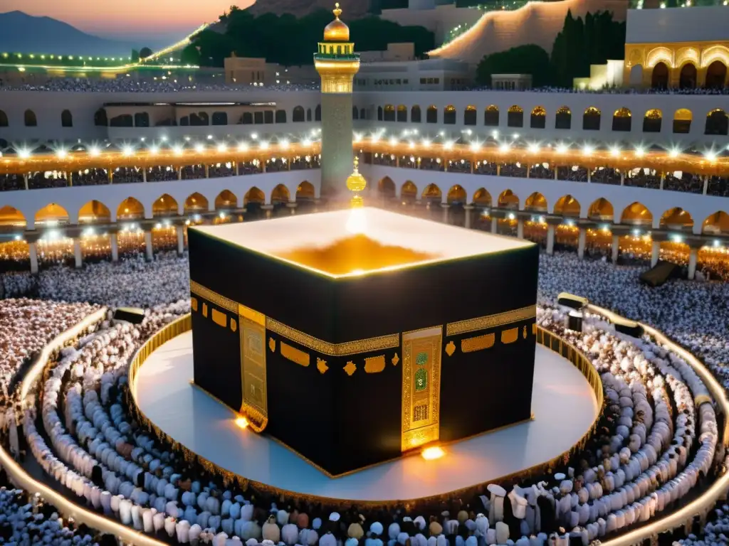 Una impresionante imagen fotorrealista de la Kaaba en La Meca, rodeada de peregrinos realizando el ritual del Tawaf al atardecer