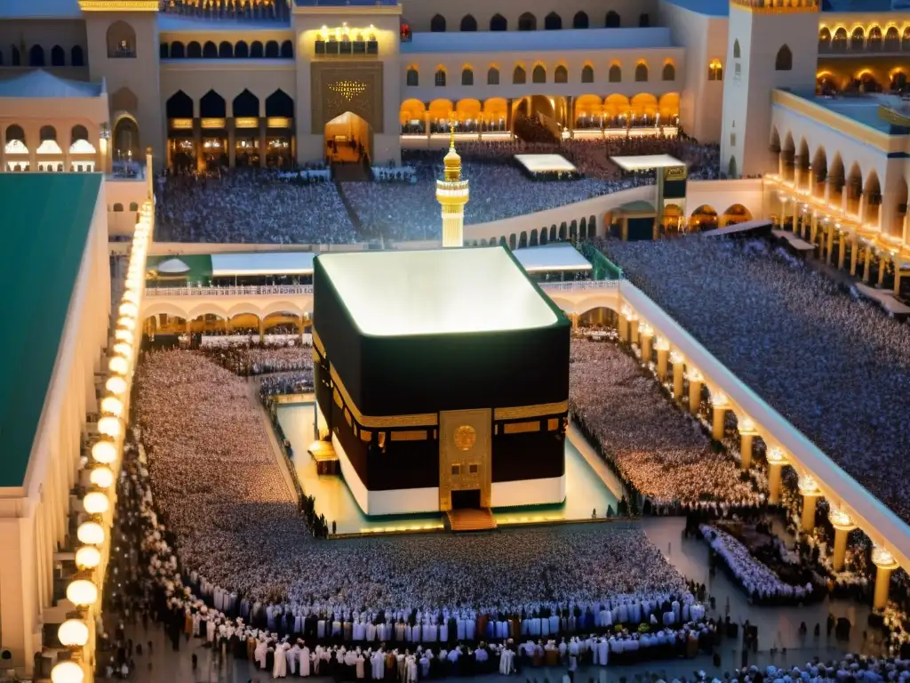 Una impresionante imagen fotorrealista del Masjid al-Haram en La Meca, con la icónica Kaaba en el centro y peregrinos realizando Tawaf