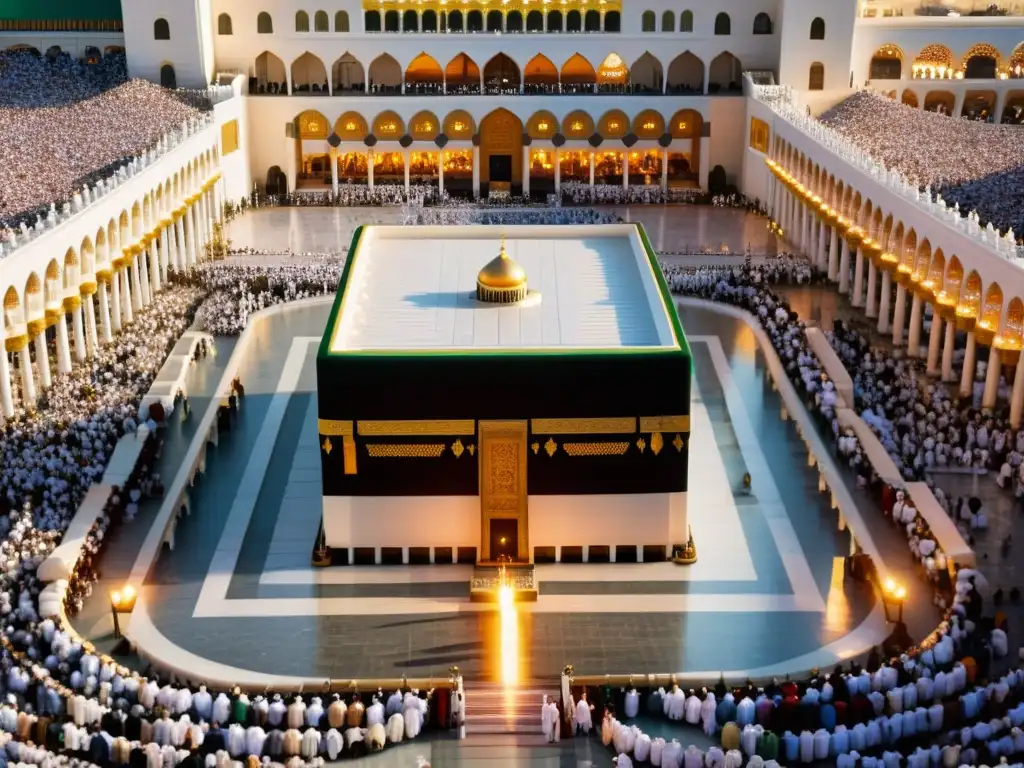 Una impresionante imagen fotorrealista de la Mezquita Grand en La Meca, con detalles arquitectónicos, peregrinos y la luz dorada del atardecer