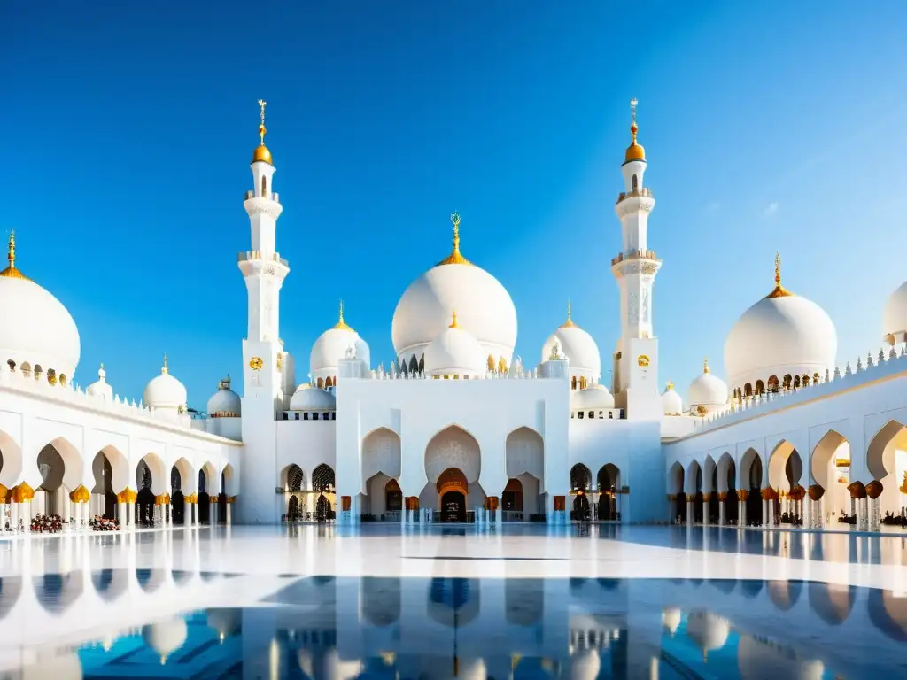 Impresionante imagen de la Gran Mezquita Sheikh Zayed en Abu Dabi, con sus cúpulas blancas y minaretes que se elevan contra el cielo azul profundo