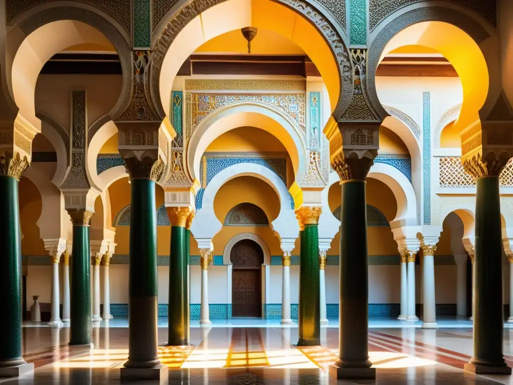 Una impresionante imagen de la Gran Mezquita de Córdoba, resaltando sus arcos intrincados, columnas ornamentadas y el cálido resplandor del sol