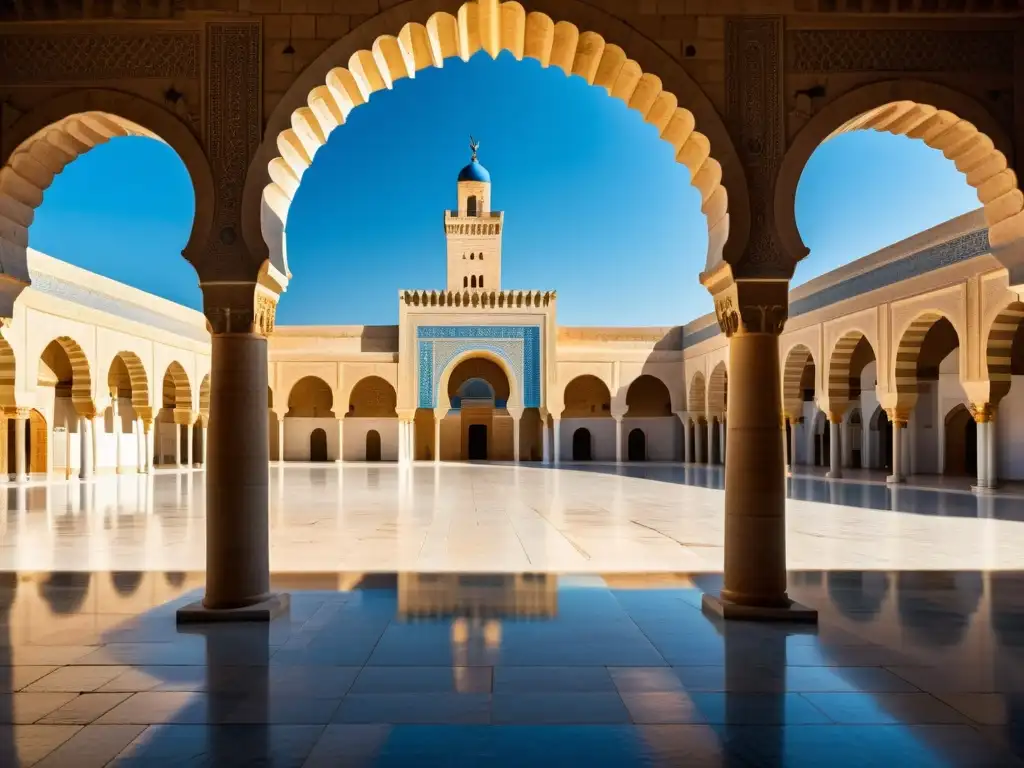 Una impresionante imagen de la Gran Mezquita de Kairouan en Túnez, con sus intrincados patrones geométricos, arcos ornamentados y minarete imponente bajo un cielo azul claro