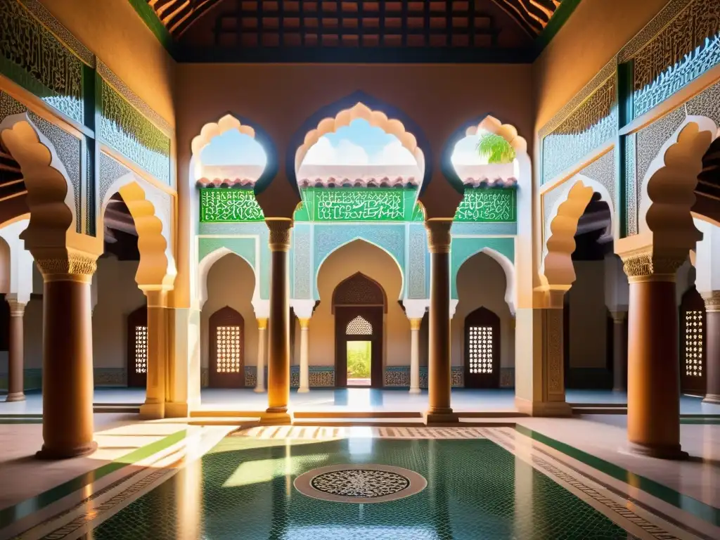 Una impresionante imagen de una madrasa islámica histórica con detalles arquitectónicos deslumbrantes, patios exuberantes y vida académica