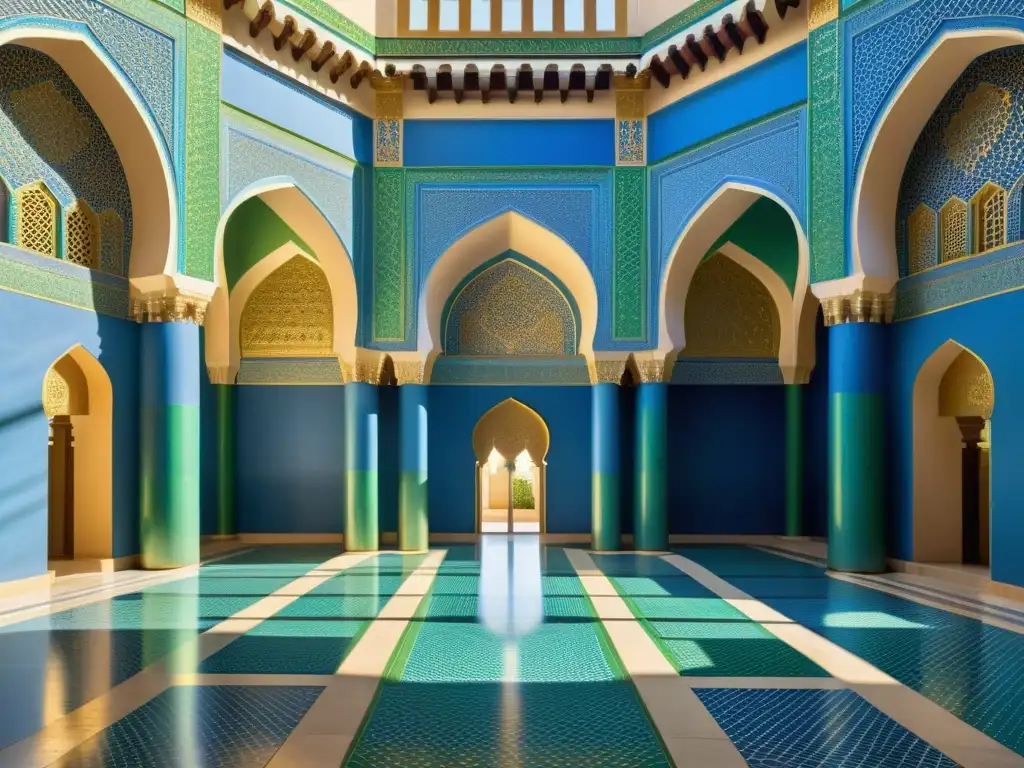 Una impresionante imagen de un patio de mezquita con intrincados diseños geométricos en tonos vibrantes de azul, verde y oro