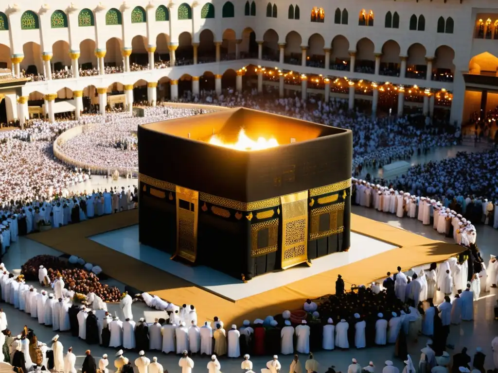 Una impresionante imagen realista de la Kaaba en la Gran Mezquita de La Meca al atardecer, con adoradores circundando el sitio sagrado