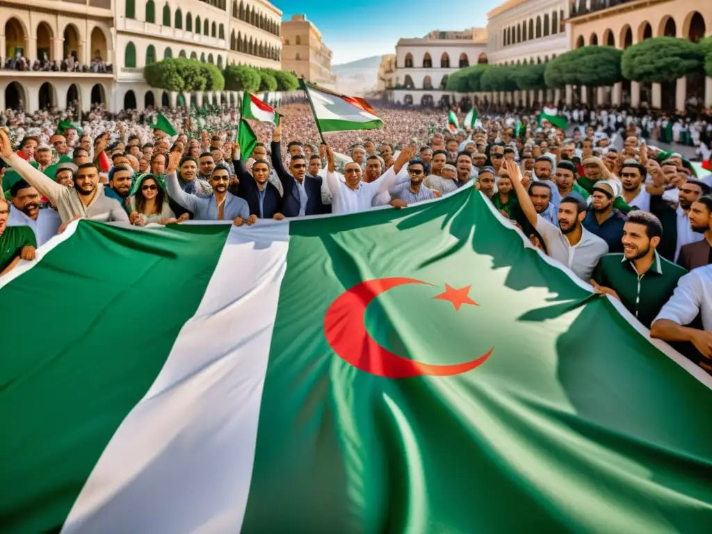 Una impresionante imagen de la Revolución Argelina, mostrando unidad, orgullo e identidad islámica en un vibrante despliegue de la bandera nacional argelina